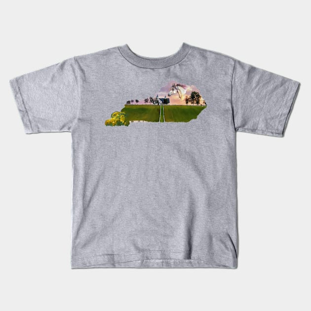 Kentucky State Shape Watercolor Horse Farm Goldenrods Kids T-Shirt by Sheila’s Studio